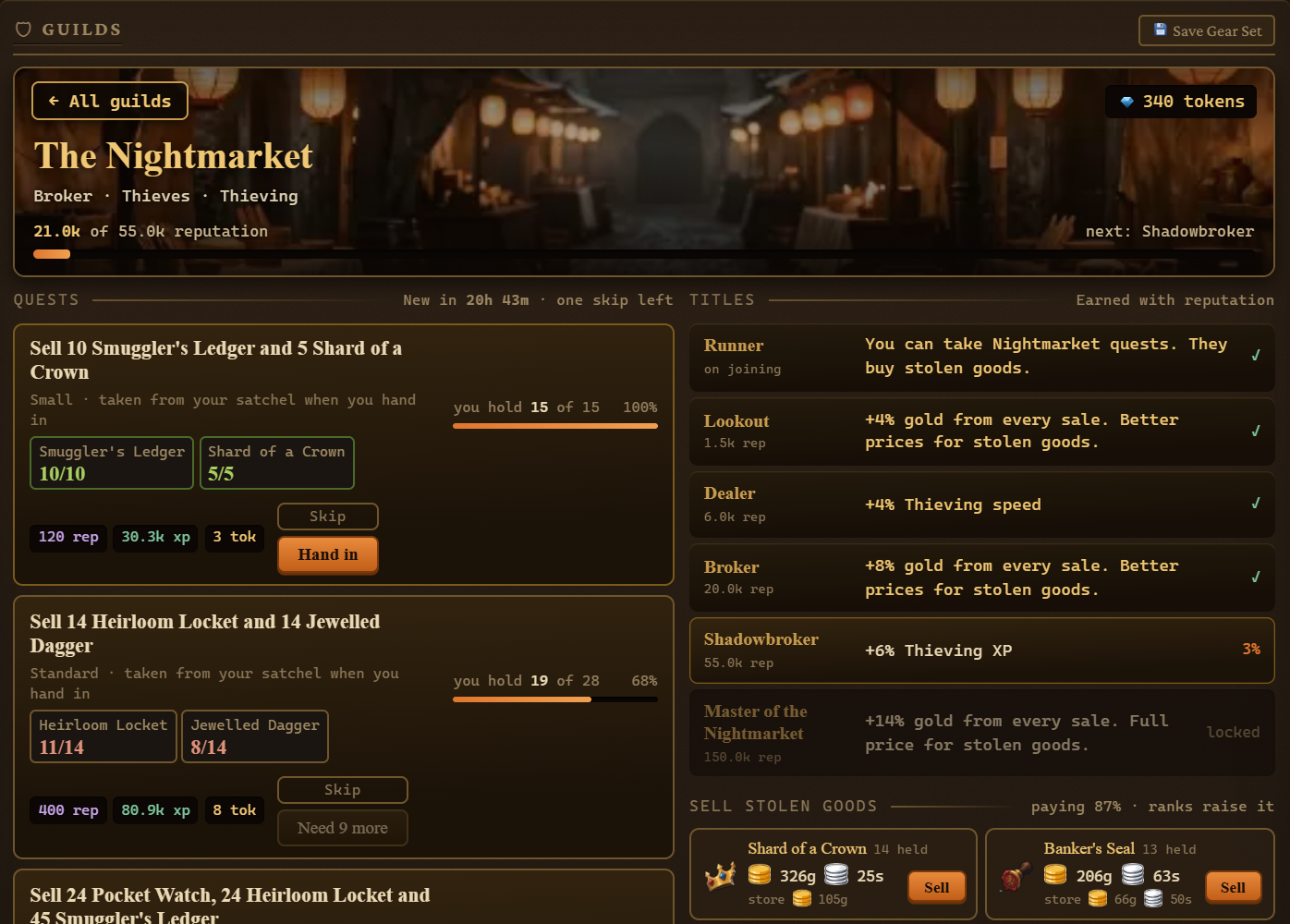 The Nightmarket guild panel: quests, titles, shop and a counter buying stolen goods