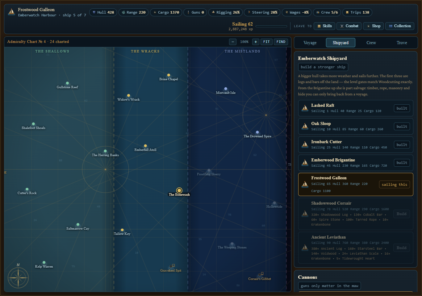 The Emberwatch shipyard — seven hulls from raft to leviathan