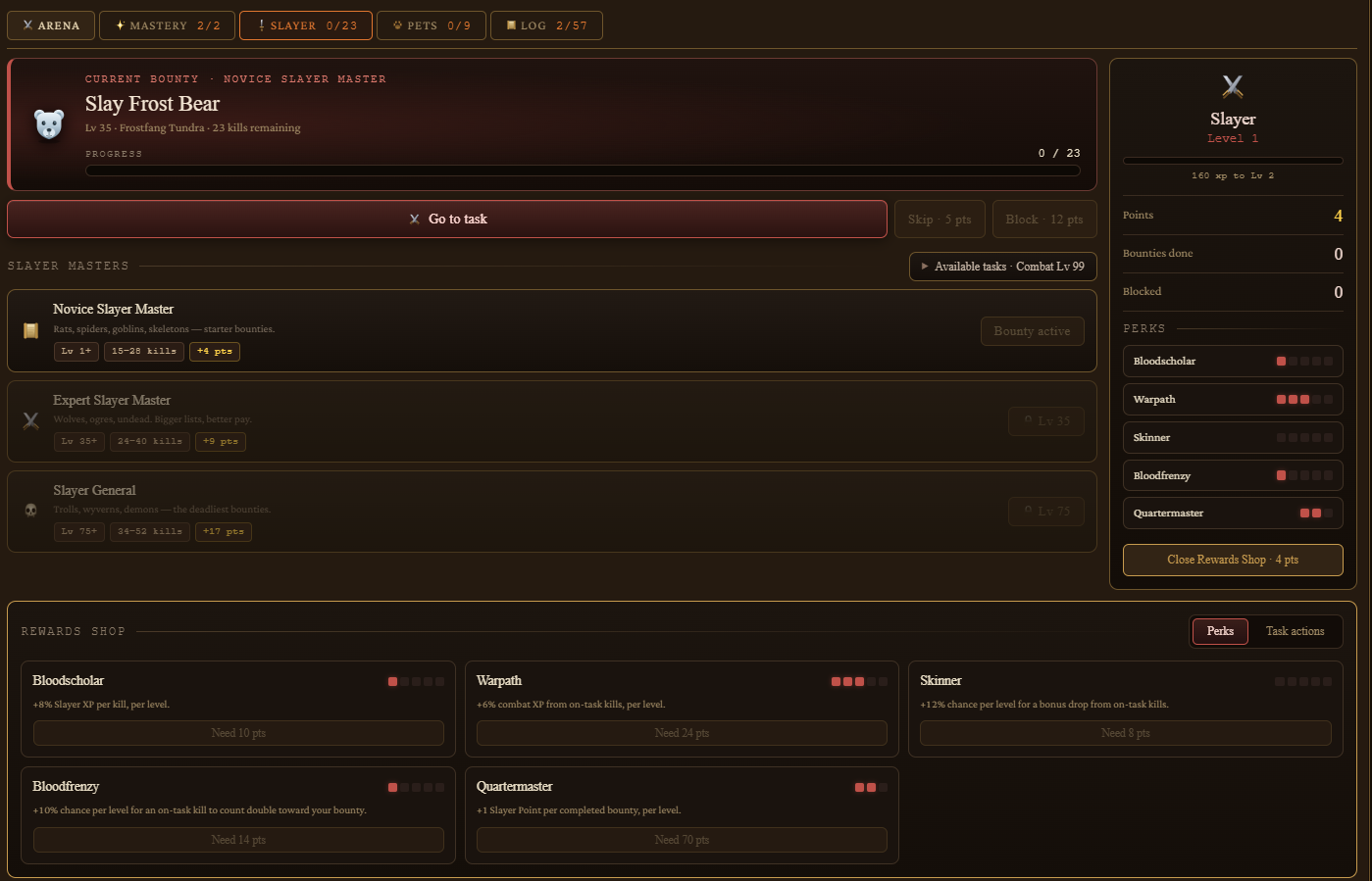 Slayer bounties and rewards shop